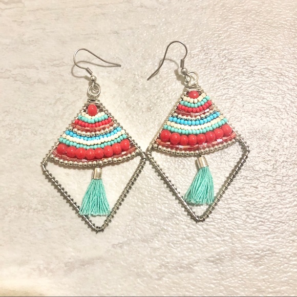 Vintage Jewelry - Silver Native Turquoise Beaded Boho Earrings
